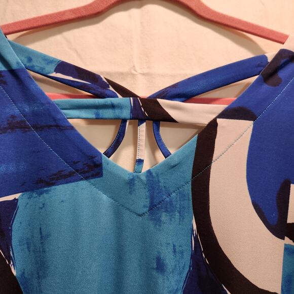 Pleats collection pings imports Womens L Abstract open back long top blue black - Picture 3 of 5